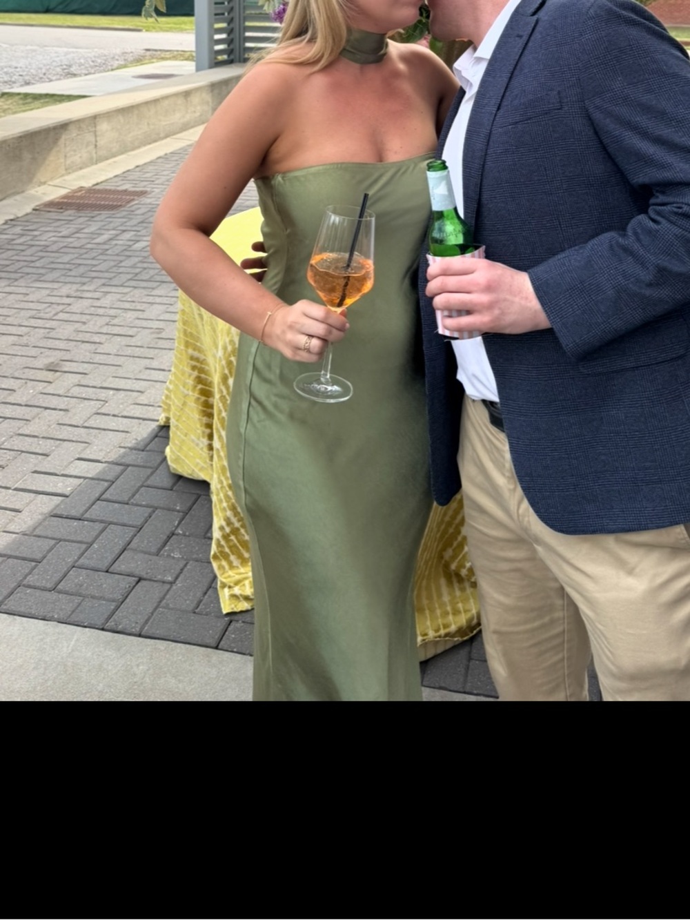 Strapless Olive Green Satin Evening Gown with Choker